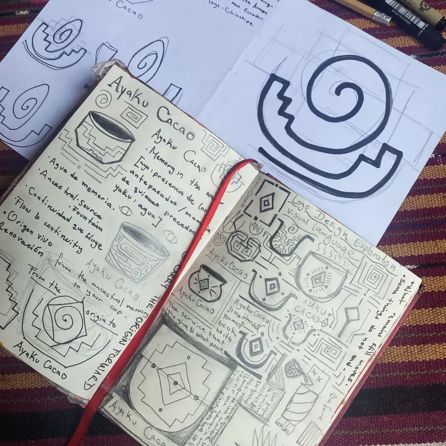 Hand-drawn sketchbook pages developing the Ayaku spiral and bowl motif